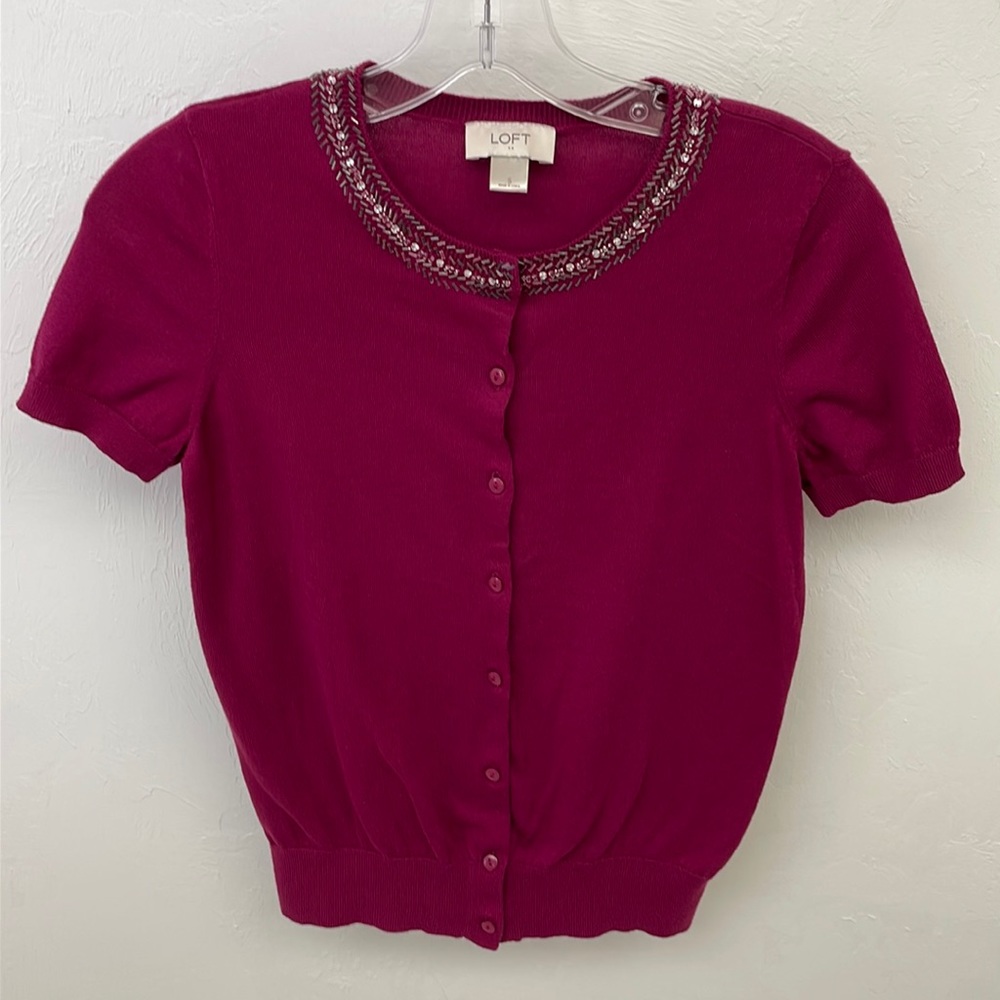 LOFT Beaded Button Up Sweater Top Magenta S